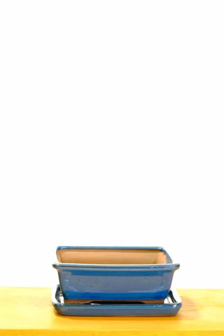 15cm (6") Rectangular Glazed Blue Ceramic Bonsai Pot with Matching Tray