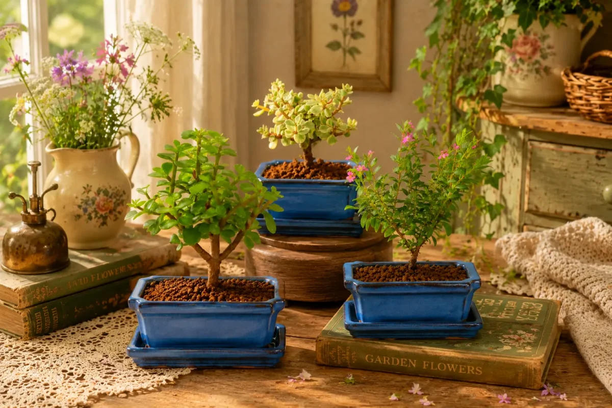 Three bonsai trees; Jade, Variegated Jade, and Cuphea