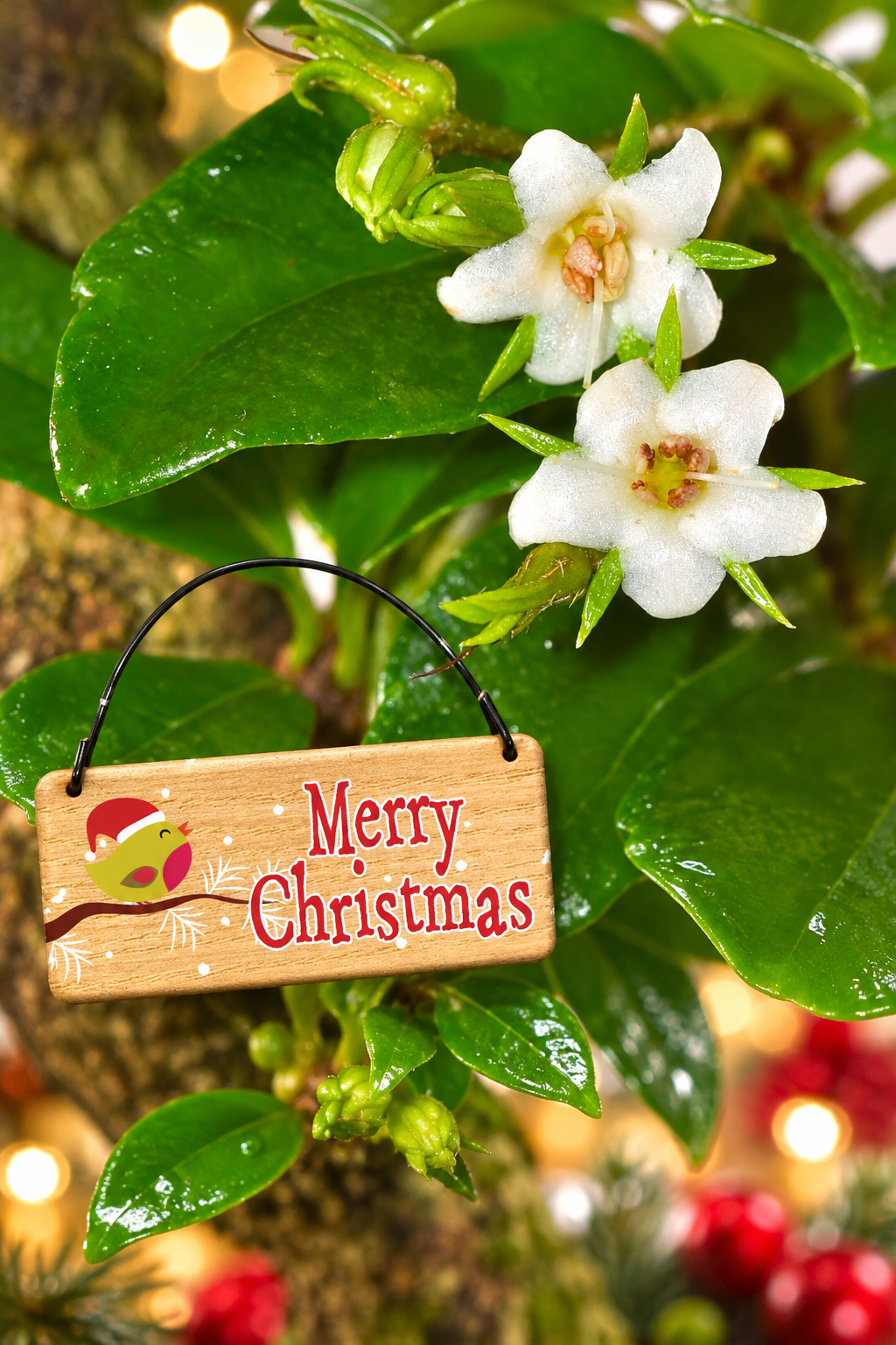 Close up image of the bonsai tree flowers, leaves & Merry Christmas tag