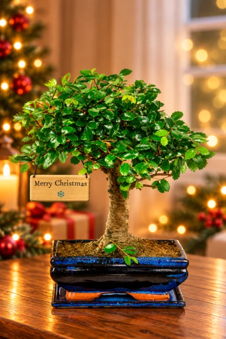 Merry Christmas Cute Woodland Style Beginners Indoor Bonsai with Snowflake tag
