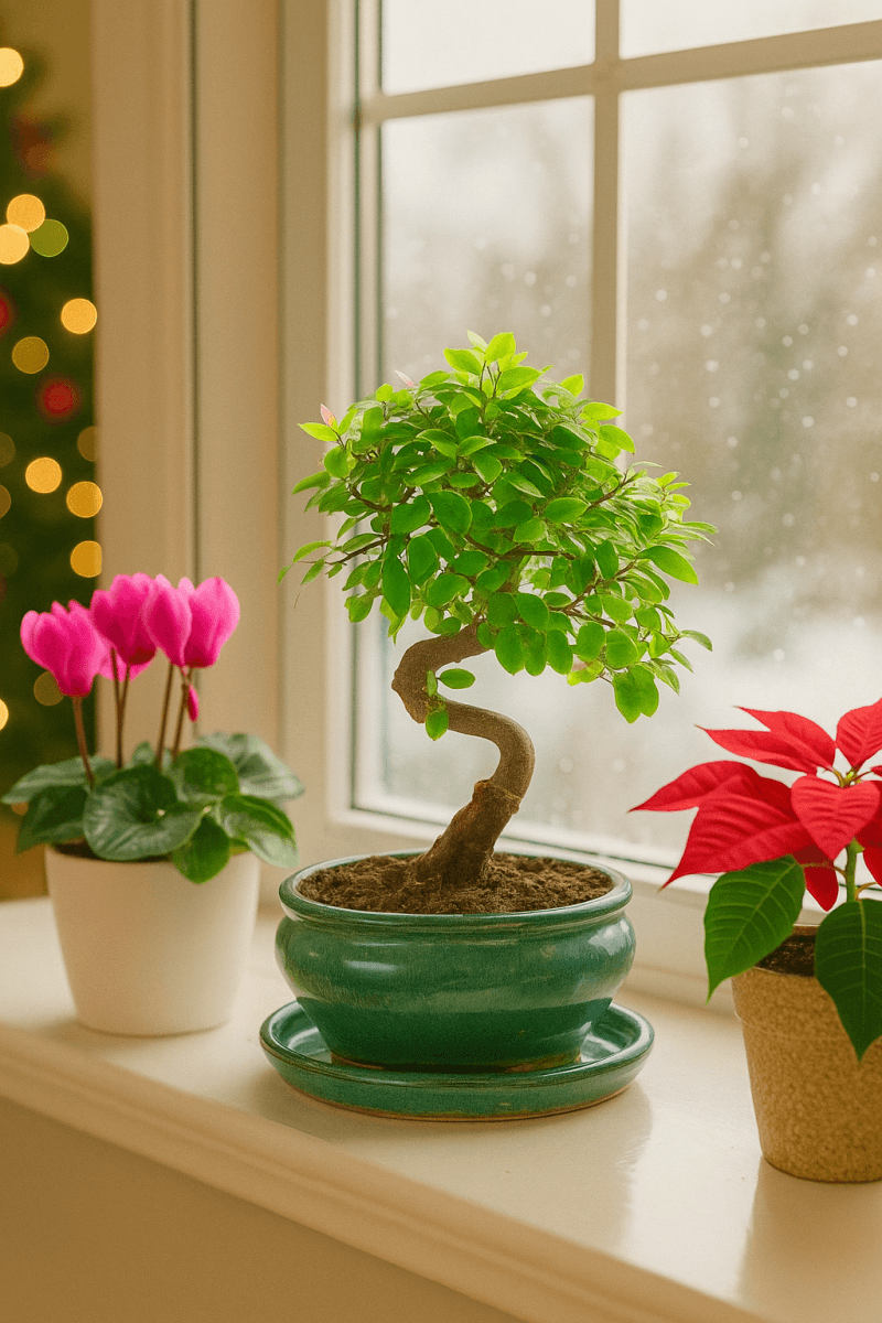 Indoor twisty s-shaped bonsai tree Christmas gift with cyclamen and poinsettia as the setting.