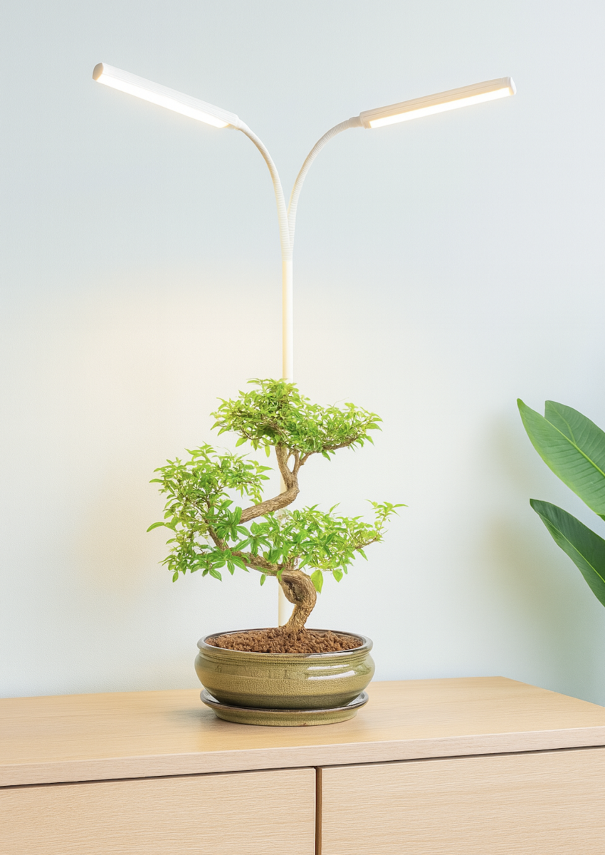 Growing indoor bonsai trees beneath a plant grow light.