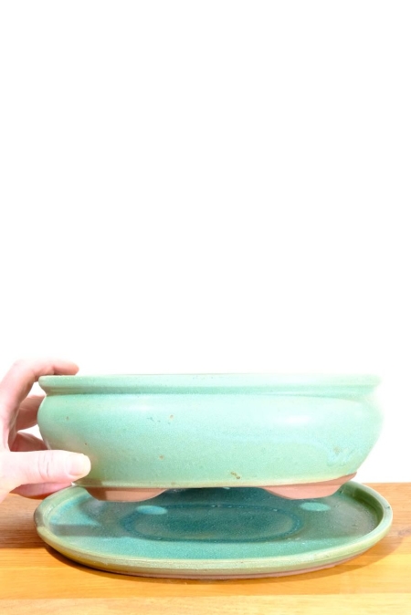10 inch oval mint green/jade bonsai pot with matching tray for sale
