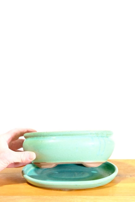 Jade/mint green matte finished bonsai pot and tray for sale