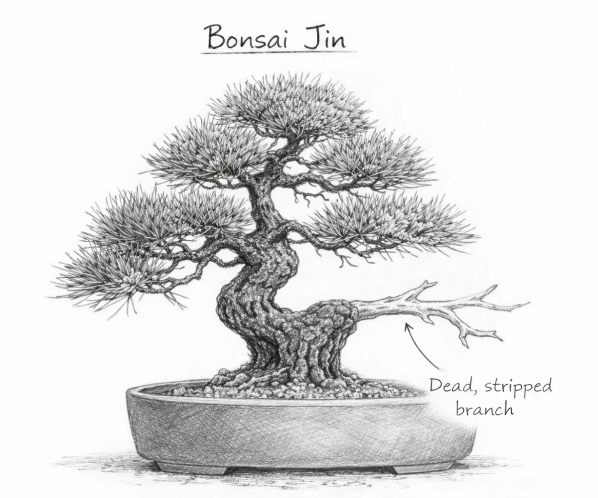 Sketch of a Bonsai Jin - showing the dead wood effect