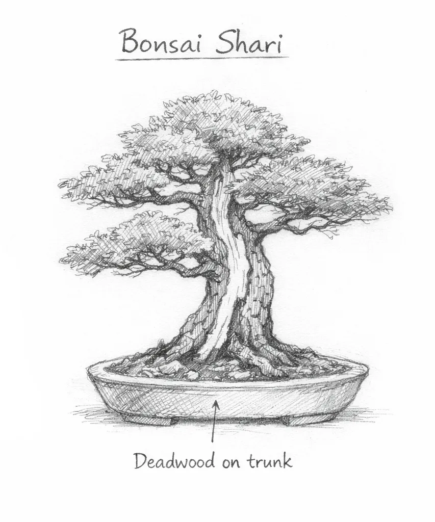 Bonsai shari showing the deadwood along the trunk