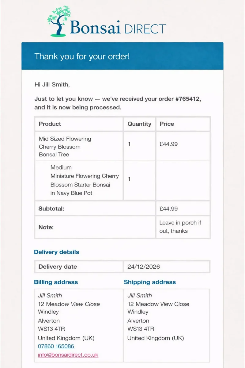 Example Order Confirmation