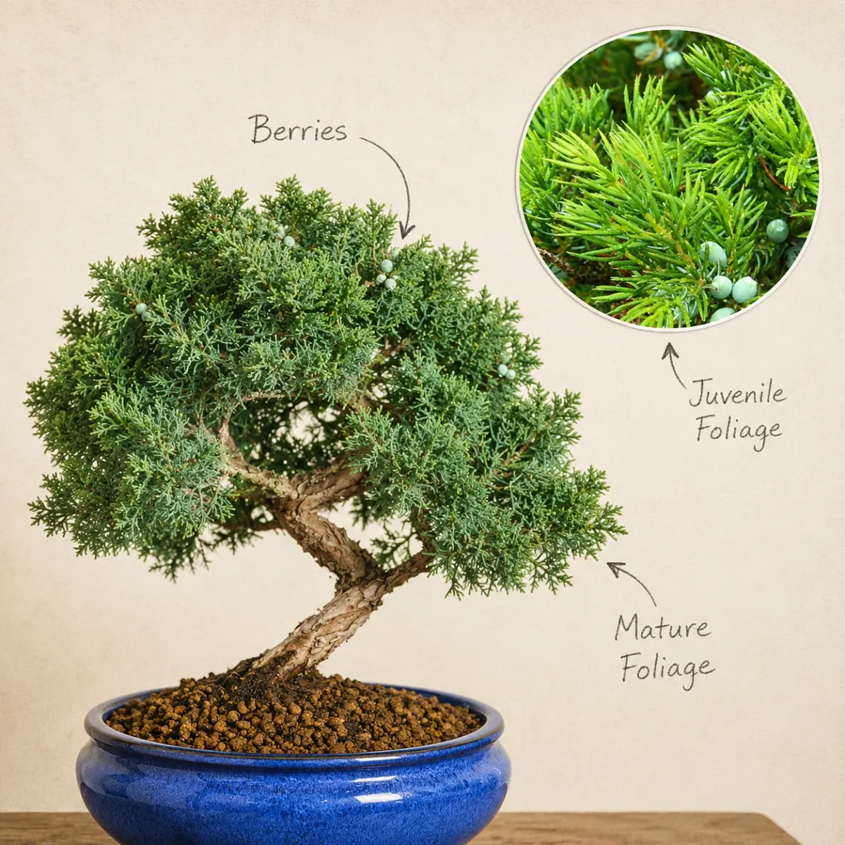 This image shows the difference between the mature and juvenile foliage of the Chinese Juniper bonsai tree