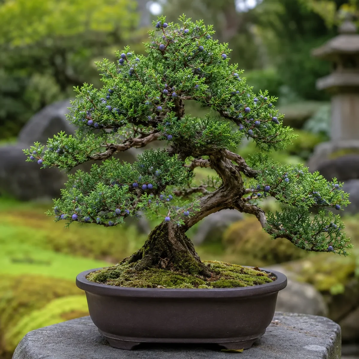 Mature Chinese Juniper bonsai tree with purple berries