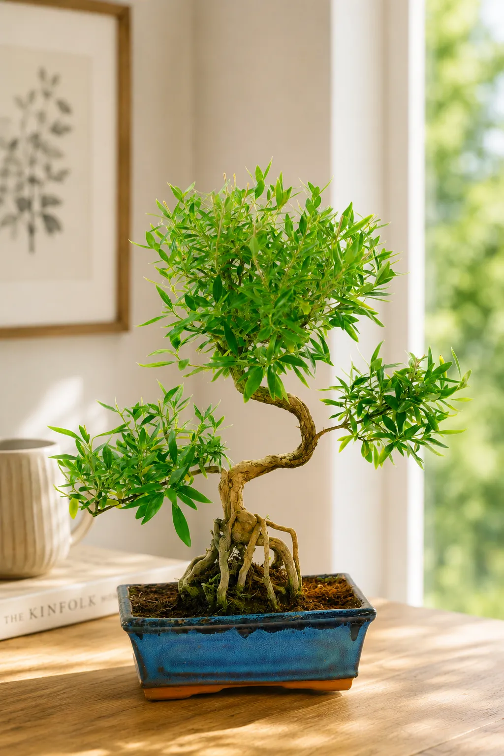12-Year-Old Neagari Tree of a Thousand Stars Bonsai – Flowering Serissa foetida in Blue Ceramic Pot