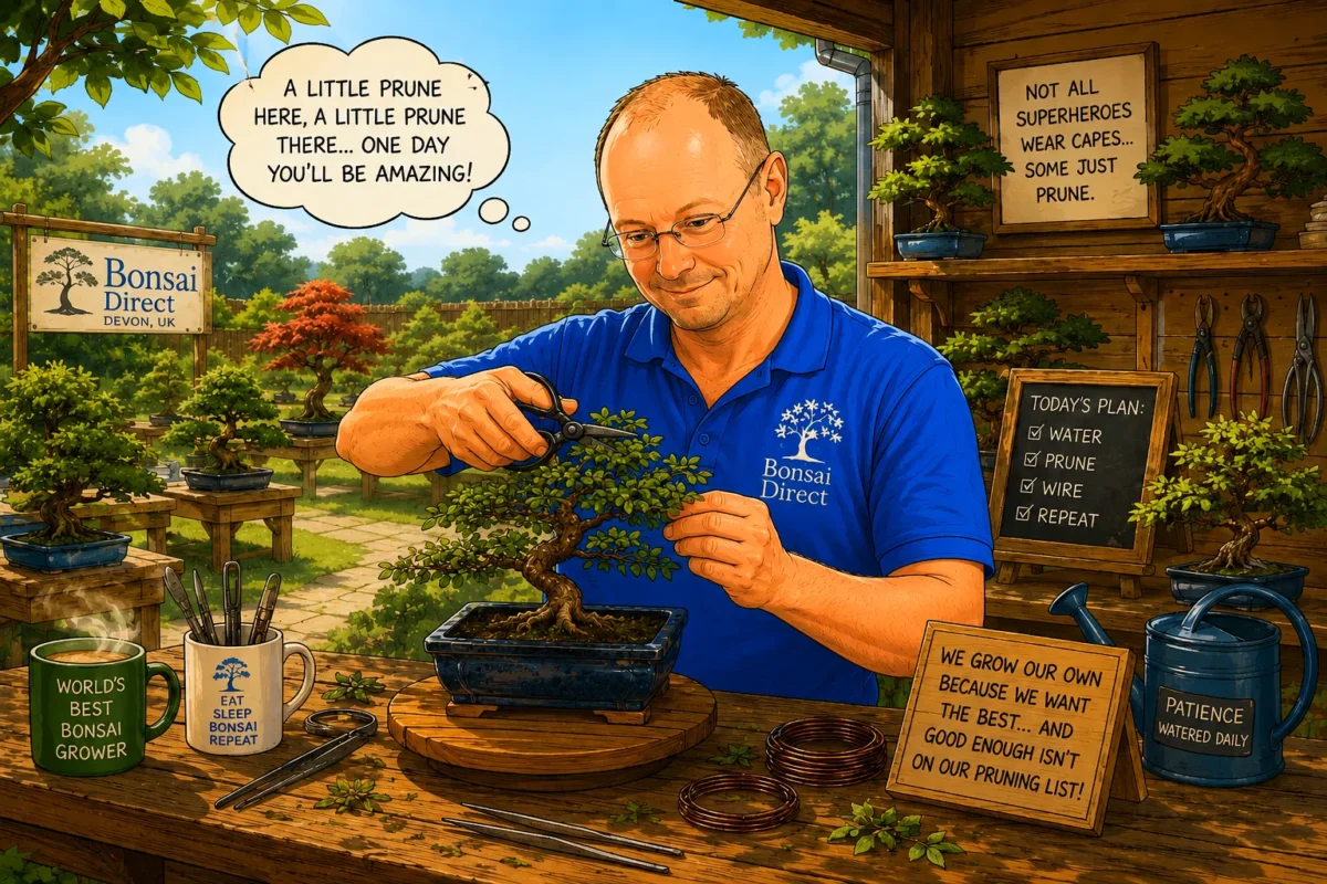 Cartoon of Lloyd Noall, Bonsai Master at Bonsai Direct pruning on the nursery.