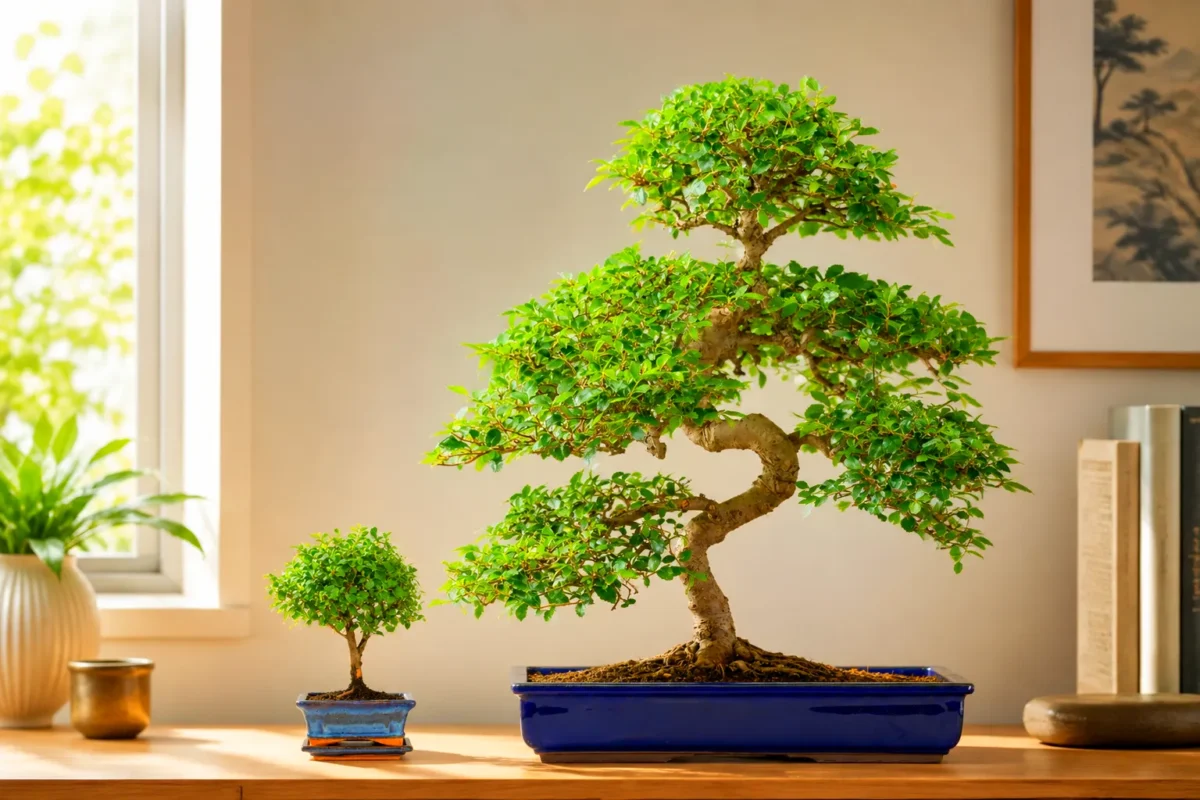 Comparison of large and smaller indoor bonsai trees side by side. Grown but he experts at Bonsai Direct