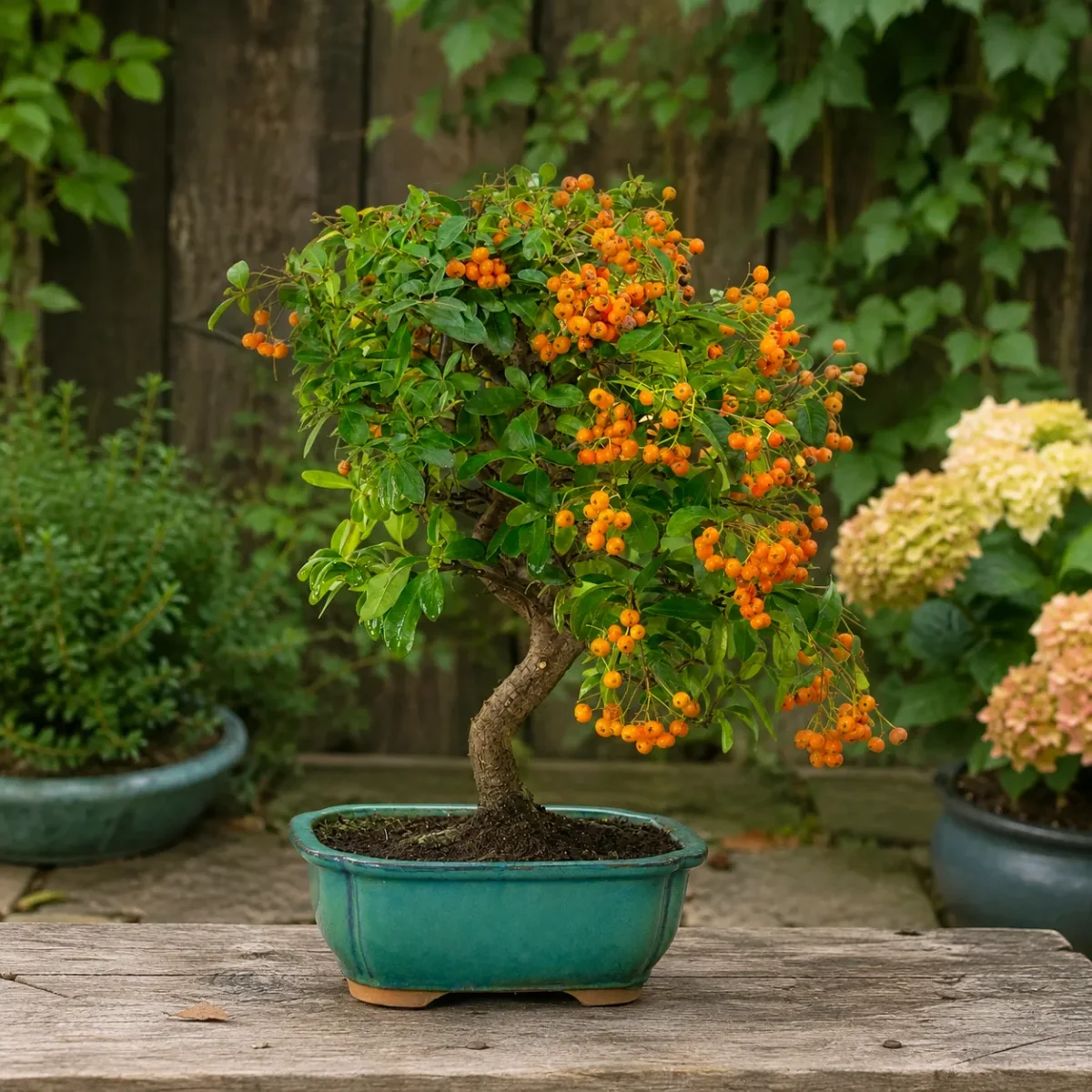 Pyracantha bonsai tree grown by Bonsai Direct in autumn with its showy orange berries