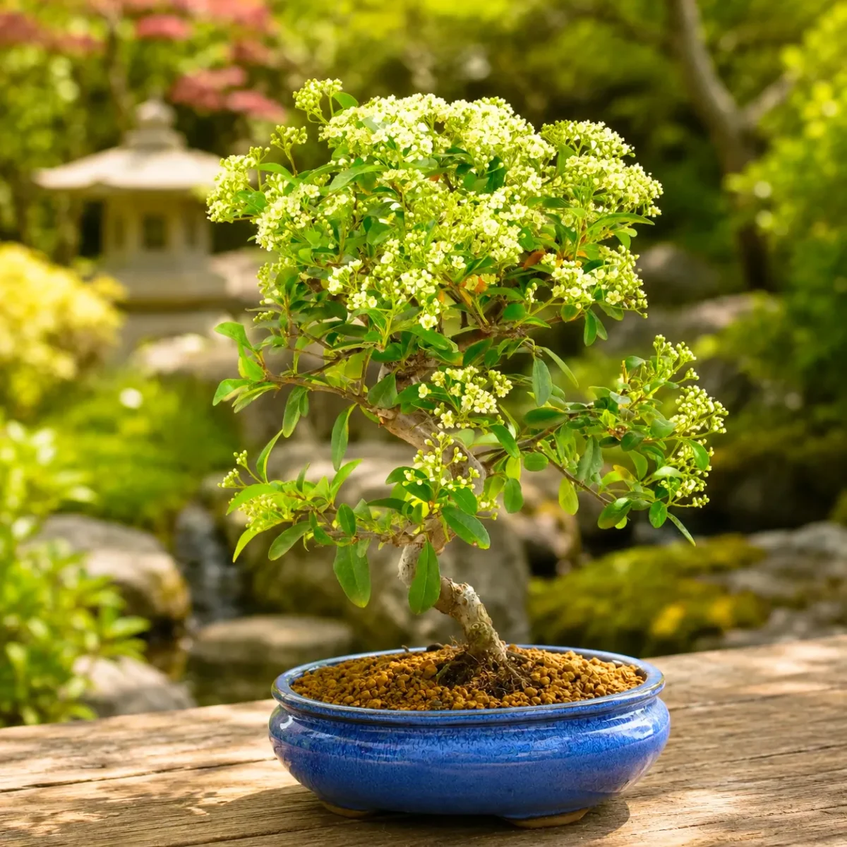 Pyracantha bonsai tree grown by the professionals at Bonsai Direct showing the beautiful spring flowers