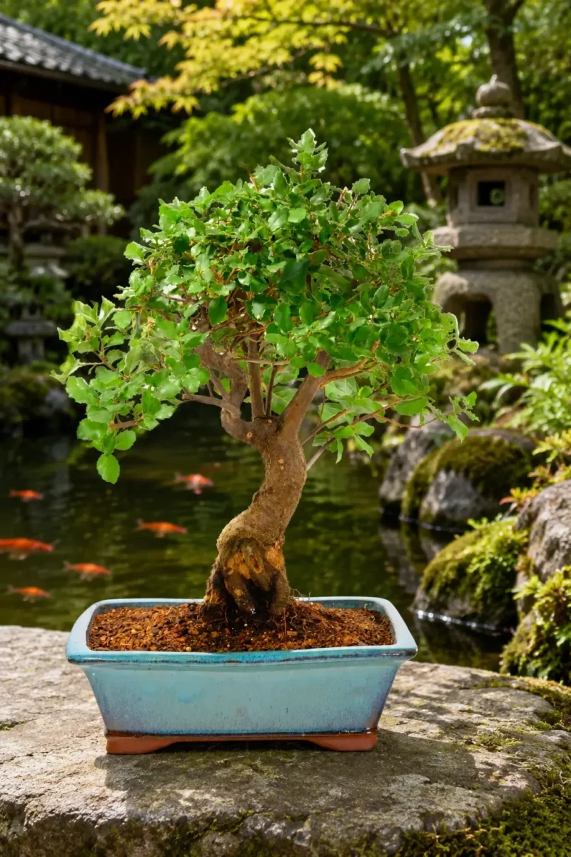 A beautiful mature Cork Bark elm bonsai tree in situ by a Japanese pond